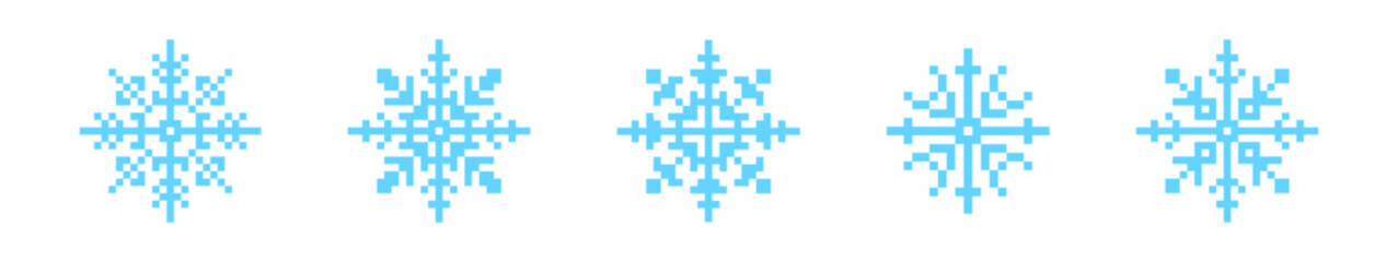 Set of blue pixelated snowflakes on a white background.