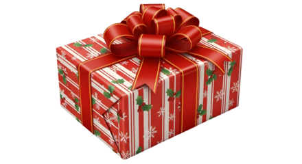 Festive christmas gift box wrapped in red and white paper isolated on transparent background