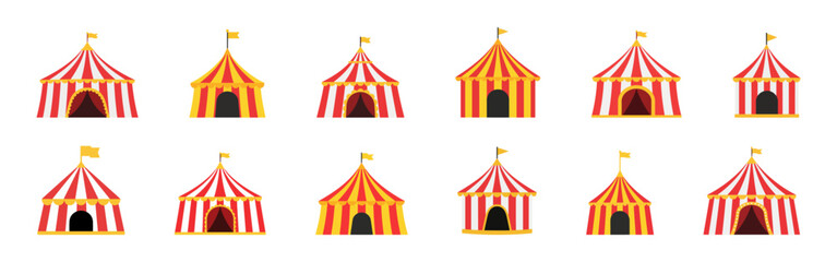 Set of colorful circus tents with red and yellow stripes.
