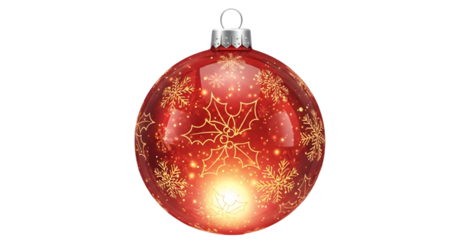 Red christmas ball isolated on transparent background with golden snowflake pattern
