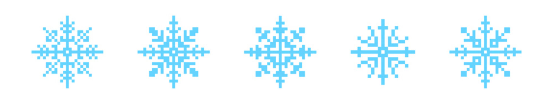 Set of blue pixelated snowflakes on a white background.