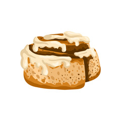 Cinnamon roll with icing isolated on white background. Sweet pastry swirl topped with creamy glaze. Vector hand drawn dessert illustration for bakery packaging, cafe menu, stickers and branding