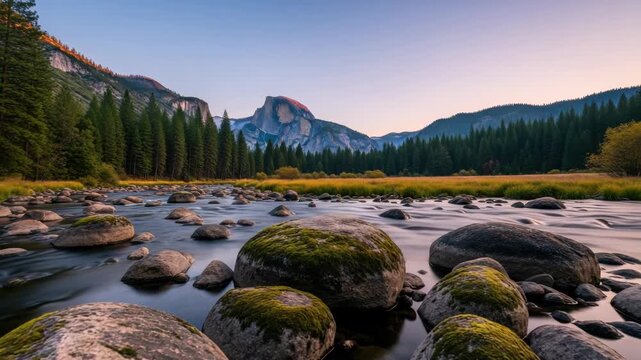 Majestic sunrise over yosemite national park with half dome in the distance. Long exposure of the merced river flowing over mossy rocks in the beautiful valley wilderness