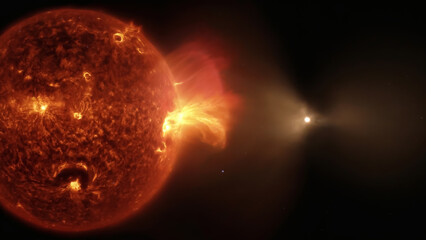 Fiery solar flare erupts from sun's surface casting dramatic light across dark space