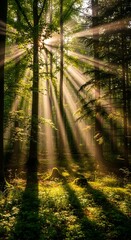 Naklejka premium Sunlight filtering through the dense canopy of a lush forest creating beautiful rays and illuminating the vibrant greenery below