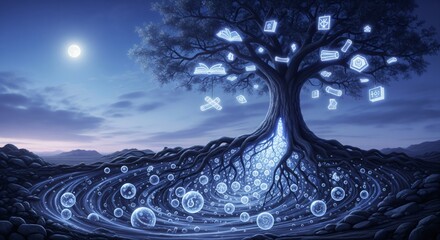 Glowing Tree of Knowledge with Technology Symbols at Night