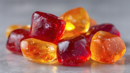 Vibrant hard candies in red and orange hues sparkle with sugary sweetness festive treats and culinary art