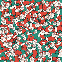 A festive and whimsical pattern featuring numerous illustrations of Santa Claus and Christmas stockings on a festive red and green background