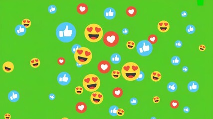 Social Media Icons And Emojis Falling likes hearts - Powered by Adobe