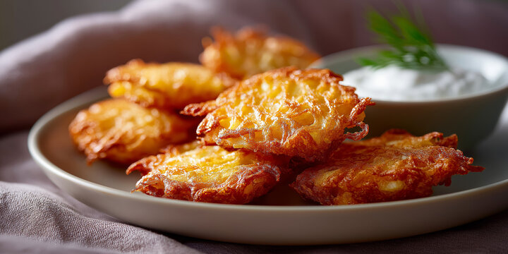Crispy potato latkes with sour cream garnish on plate