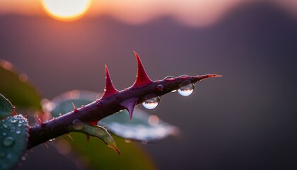 Rose thorns with morning dew droplets at sunrise
