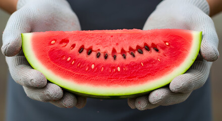 Freshly Sliced Watermelon Held in Gloved Hands Outdoor Reflecting Organic Farming and Healthy Eating Lifestyle