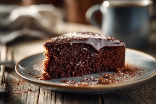 Warm dessert presentation: single chocolate cake slice on porcelain plate with homemade appeal