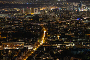 Aerial view of a mesmerizing cityscape unfolds with twinkling lights tracing the roads, creating a radiant network amidst the dark urban fabric, Paris, Ile-de-France, France.