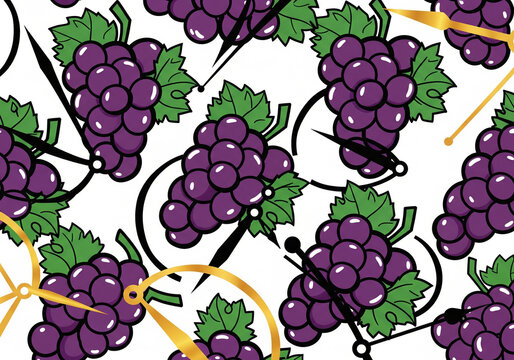 Artistic Pattern of Purple Grapes and Clock Hands on White Background - Powered by Adobe