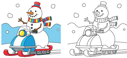  Cheerful Snowman Riding a Snowmobile in a Winter Wonderland - Fun Coloring Page and Full Color Illustration for Kids Activities