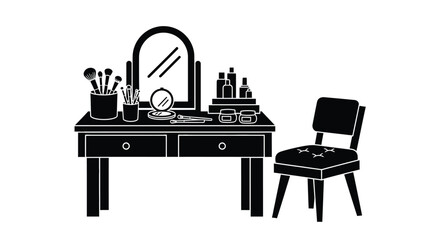 Fototapeta premium Black vanity table with mirror and makeup accessories illustration