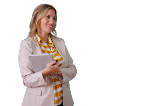 Businesswoman holding tablet, smiling, looking away, with transparent background, indicating innovation and connectivity - Powered by Adobe