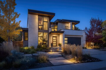 Warmly lit residence at dusk with glowing windows and lush garden beds