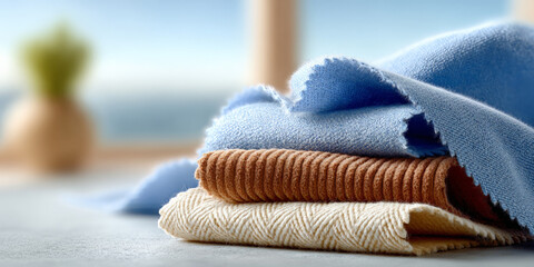 Stack of colorful textiles on table: cozy blue, brown, beige fabrics in natural light