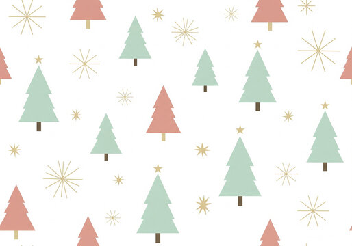 Festive Winter Pattern with Stylized Christmas Trees and Snowflakes