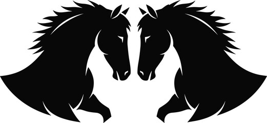Elegant horse silhouette, symmetrical design, black stallions facing, flowing mane, artistic contour, tattoo style, logo ready, bold animal illustration