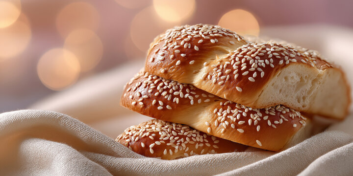 Freshly baked sesame seed bread loaves on soft beige cloth with warm lighting