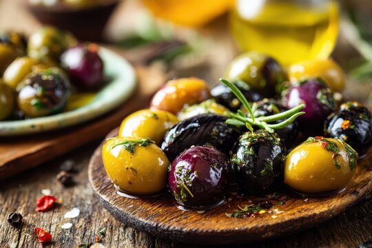 Warm-toned olive appetizer scene with glossy olives, olive oil sheen, and citrus zest on a simple table