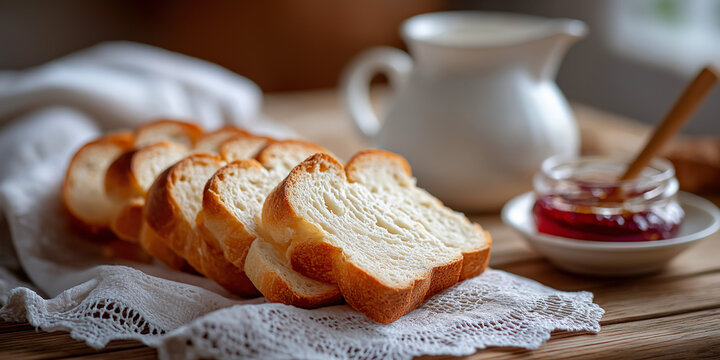 Sliced bread on lace cloth with jam and milk on wooden table in morning light
