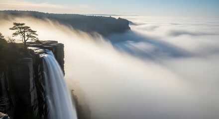 A breathtaking view of a waterfall cascading over cliffs with mist rising into the sky during daytime, surrounded by natural scenery and lush greenery
