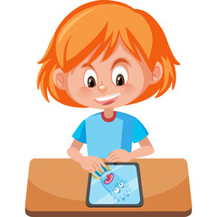 Smiling Orange Haired Child With Blue Shirt Sits At A Wooden Desk Using A Digital Tablet With A Cartoon Monster On The Screen In A Brightly Lit Room