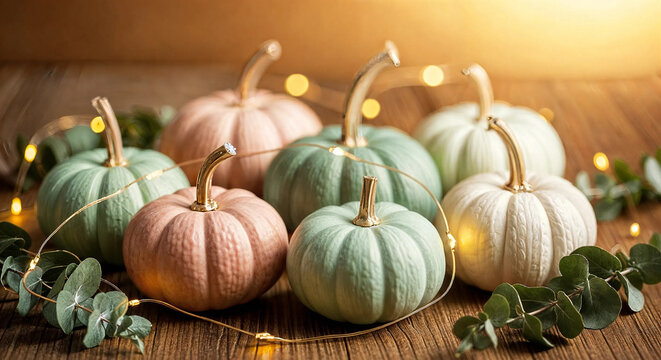 Assortment of pastel pumpkins and eucalyptus with fairy lights on a wooden background
