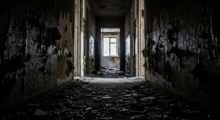 Dark abandoned hallway with peeling paint and debris leading to a distant window. Post apocalypse concept for disaster or war.