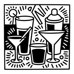 Cocktails alcoholic daiquiri, old fashioned, manhattan, martini, sidecar glass hand drawn engraving vector illustration. Isolated black and white vintage style drinks set.	