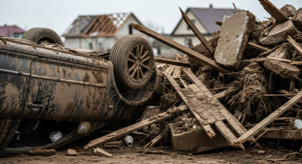 Obraz premium Overturned car covered in mud and debris from a natural disaster, with damaged houses in the background. Catastrophic flood destruction.