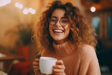 Young woman with curly hair wearing cozy sweater, holding white cup, smiling joyfully in warm cafe atmosphere, surrounded by soft lighting and inviting decor, expressing happiness and comfort