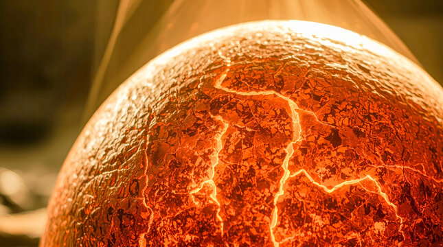Close-up view of glowing cracked lava surface with bright fissures and intense heat glow.