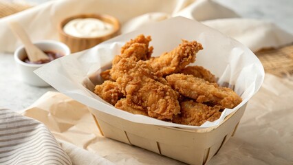 Crispy fried chicken strips in basket with dipping sauce, finger food menu, ideal for fast food restaurant, social content