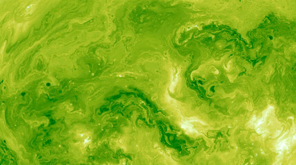 Abstract green paint swirling in liquid with marbled texture on bright background.