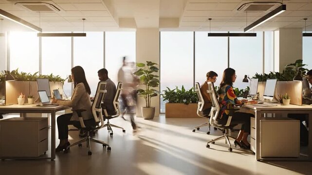 A full day time-lapse of a diverse business team working productively in a modern office with large windows, showing the transition from morning light to city lights at night