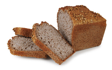 Sprouted buckwheat bread with coriander on a white background. Sliced buckwheat loaf on a white background.