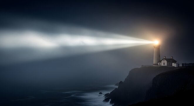 A lighthouse on a cliff emitting a powerful beam of light across a dark, stormy ocean during nighttime with cloudy skies and rugged coastline - Powered by Adobe