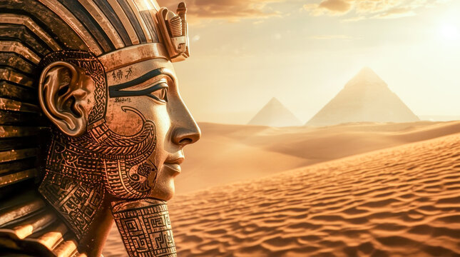 Ancient Egyptian pharaoh statue in desert with pyramids at sunset sunlight glow. - Powered by Adobe