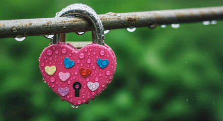 A pink heartshaped padlock with colorful heart decorations hangs on a metal bar in the rain