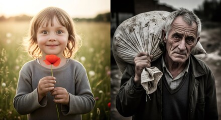 Child with flower, Man carrying sack in field show the cycle of life