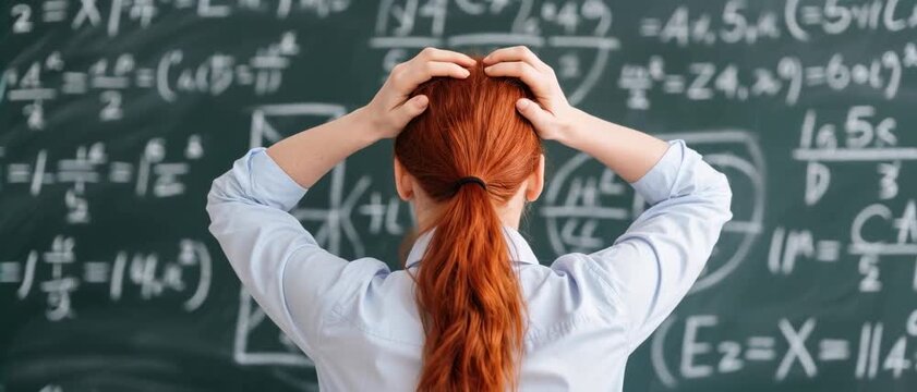 Frustrated Teacher Grasping Head in Stress, Redhead Woman at Math Equations Blackboard, Classroom Photo, Rear Viewpoint, Education Struggle Concept