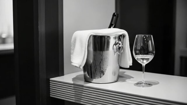 Champagne bottle chilling in a silver ice bucket with a white towel. An elegant flute glass filled with sparkling wine stands nearby. Ideal for luxury celebrations and upscale hospitality