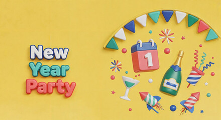 New year party celebration with calendar, champagne, confetti, and party poppers on yellow background