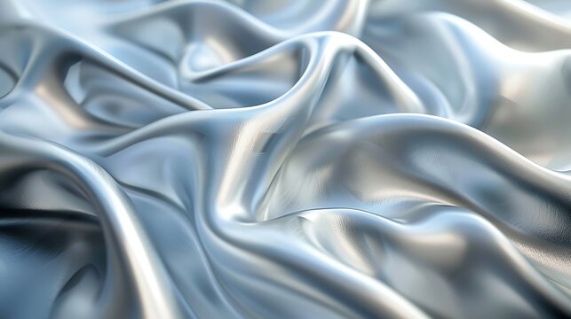 Close up of shiny silver fabric with smooth curves and folds creating a flowing abstract design - Powered by Adobe