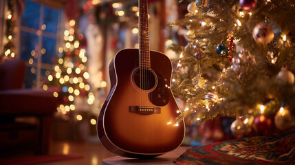 A beautifully lit acoustic guitar stands next to a decorated Christmas tree, creating a cozy and festive atmosphere.